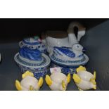 A mixed lot of lidded dishes having ducks and rabbits to lids,three egg cups and a planter in the