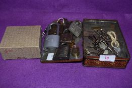 A selection of furniture and door keys also eight padlocks including Squire Reese and Aligarh most