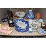 A vintage ceramic Royal Winton dressing table set, various antique blue and white plates and a