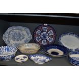 A selection of blue and white wear ceramics including Spode Copelands green stamped dish
