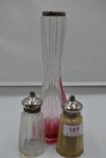 A glass stem vase having HM silver collar and a glass salt & pepper having HM silver lids