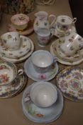 A miscellany of cups and saucer and two jugs including Shelley, Crown Staffordshire and Noritake.