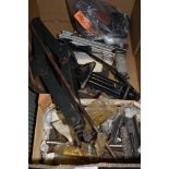 A box of mixed items including hinges, jacks, wall vent covers and more useful items.