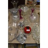 An assortment of vintage glass ware including dishes, fruit bowl,vases and more.