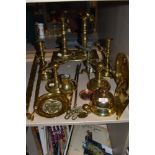 A selection of fine antique and later brass fire side items including 2 candle stick pairs fire dogs