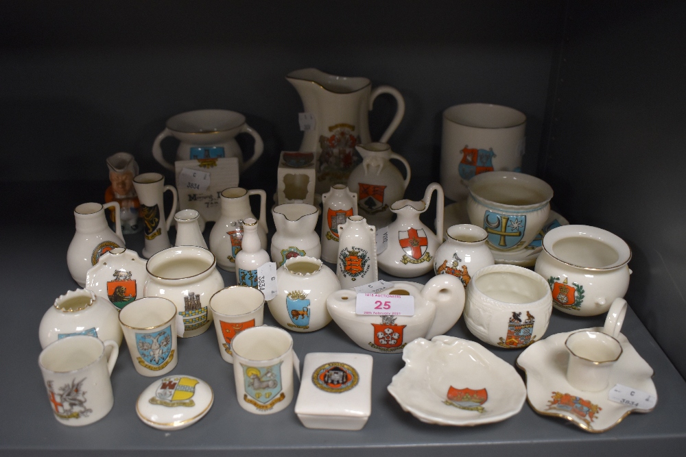 A selection of crested wares nearly all marked Goss including local interest