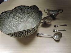 A silver plated salad bowl in the form of a lettuce, a plated sugar bowl and cream jug etc