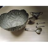 A silver plated salad bowl in the form of a lettuce, a plated sugar bowl and cream jug etc