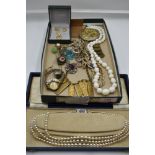 A selection of modern and vintage costume jewellery including triple string of simulated pearls, hat