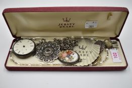 A small selection of costume jewellery including an HM silver pocket watch (AF), white metal charms,