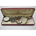 A small selection of costume jewellery including an HM silver pocket watch (AF), white metal charms,