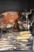 A selection of silver plate including a small oval gallery tray, hot water pot and sugar bowl and