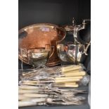 A selection of silver plate including a small oval gallery tray, hot water pot and sugar bowl and