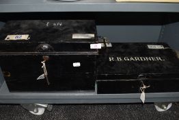 Two vintage lockable metal deed boxes both having R.B Gardener to side or lid.