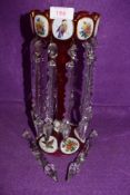 A antique coloured glass mantel luster/garniture having hand painted bird and flowers details, and