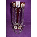 A antique coloured glass mantel luster/garniture having hand painted bird and flowers details, and