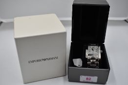 A gents steel wrist watch by Emporio Armani having a Roman numeral dial with subsidiary seconds to