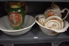 A selection of ceramic toiletries including wash stand set and twin handle vase