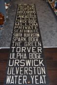 A vintage bus destination blind for Ulverston and surrounding areas.