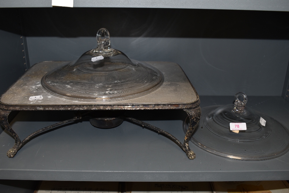 A vintage warming plate having gas burner to underside, also included are two glass tureens lids.