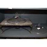 A vintage warming plate having gas burner to underside, also included are two glass tureens lids.