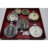 A selection of top wound pocket watches in base metal cases and a cased compass