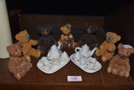 A collection of Teddy figurines and two dolls tea services.
