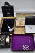 A small selection of costume jewellery including watch set, diamante necklaces etc