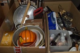 Two boxes of mixed kitchenalia including icing set, pans and more.