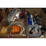 Two boxes of mixed kitchenalia including icing set, pans and more.