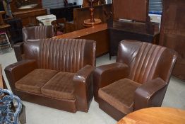 An Art Deco part leather brown three piece suite