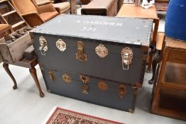 Two vintage luggage trunks or travel chest 92 cm long approx