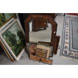 A selection of decorative pictures, oak tray and canted wall mirror