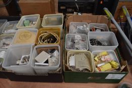 A vast selection over 11 boxes of electrical components including tools spare parts and boxed