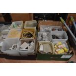 A vast selection over 11 boxes of electrical components including tools spare parts and boxed