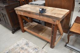 A vintage wood workers bench with Record No.0 vice