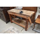 A vintage wood workers bench with Record No.0 vice