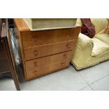 A vintage Meredew oak and ply four drawer chest, veneer lifting a little on both sides, hence a very