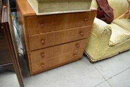A vintage Meredew oak and ply four drawer chest, veneer lifting a little on both sides, hence a very
