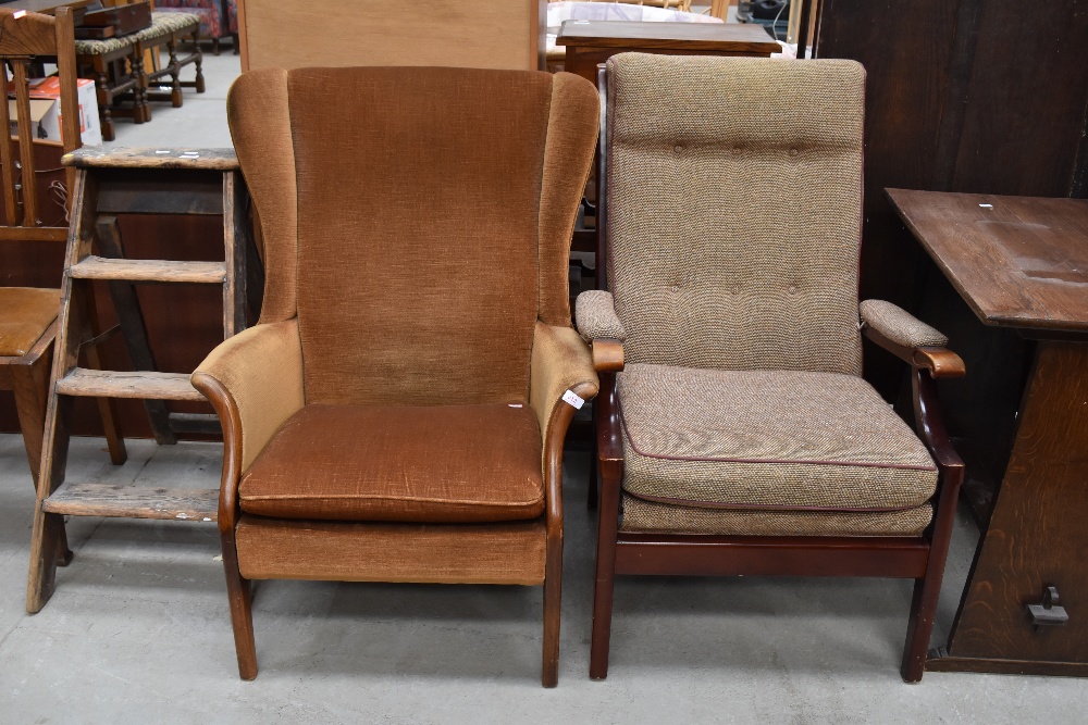 A vintage mustard dralon wing back chair and a modern wood frame armchair