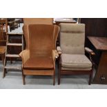 A vintage mustard dralon wing back chair and a modern wood frame armchair