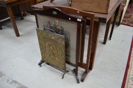 Three fire screens including oak framed embroidered glass fronts and brass pressed nautical themed