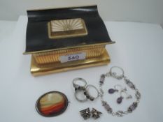 A small Art Deco style dressing table box containing a small selection of HM silver and white