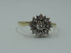 A lady's dress ring having a diamond star burst cluster, approx 0.5ct on a yellow metal loop, no