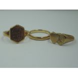 Two 9ct gold signet rings, both size Q and a 9ct gold wedding band, size N, total approx 11.6g