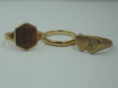 Two 9ct gold signet rings, both size Q and a 9ct gold wedding band, size N, total approx 11.6g