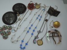 A selection of vintage costume jewellery including yellow wire necklaces, micro mosaic buttons,