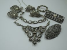 A selection of vintage marcasite jewellery, most stamped silver including a necklace on fixed chain,