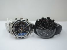Two gent's replica fashion wrist watches bearing name Omega in the forms of Seamaster Quantum of