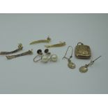 Three pairs of 9ct gold stud and loop earrings including woven drop and star cut panels, a pair of